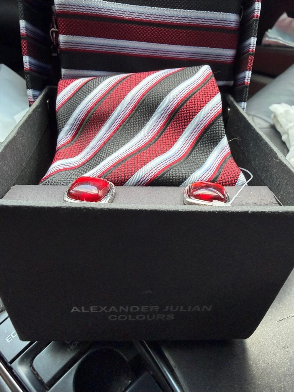Alexander Julian Colours Hand Made Woven Tie Set - Red, Black & White Striped